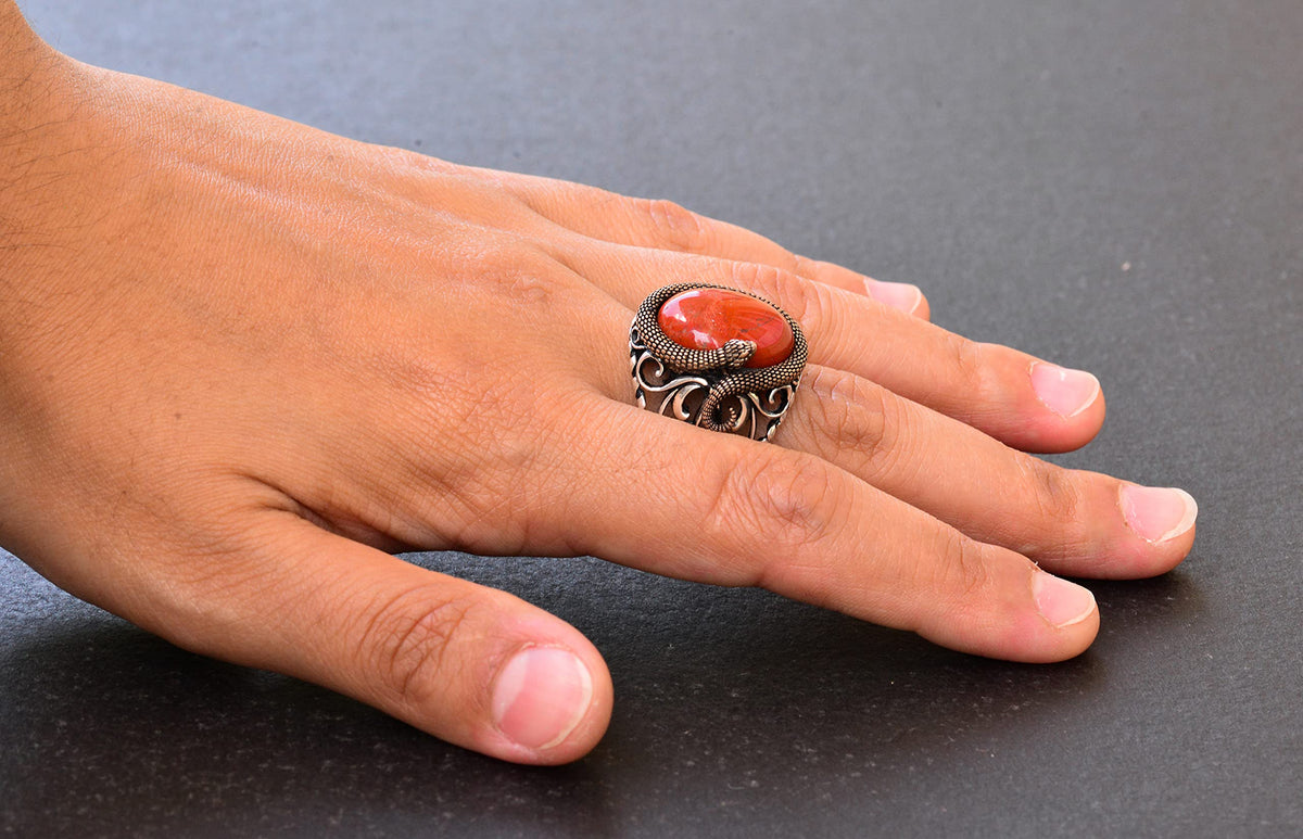 Natural Bloodstone Snake Ring, Handmade Ring, Silver Men's Ring, Gift, Silver Accessory, Brown — 6