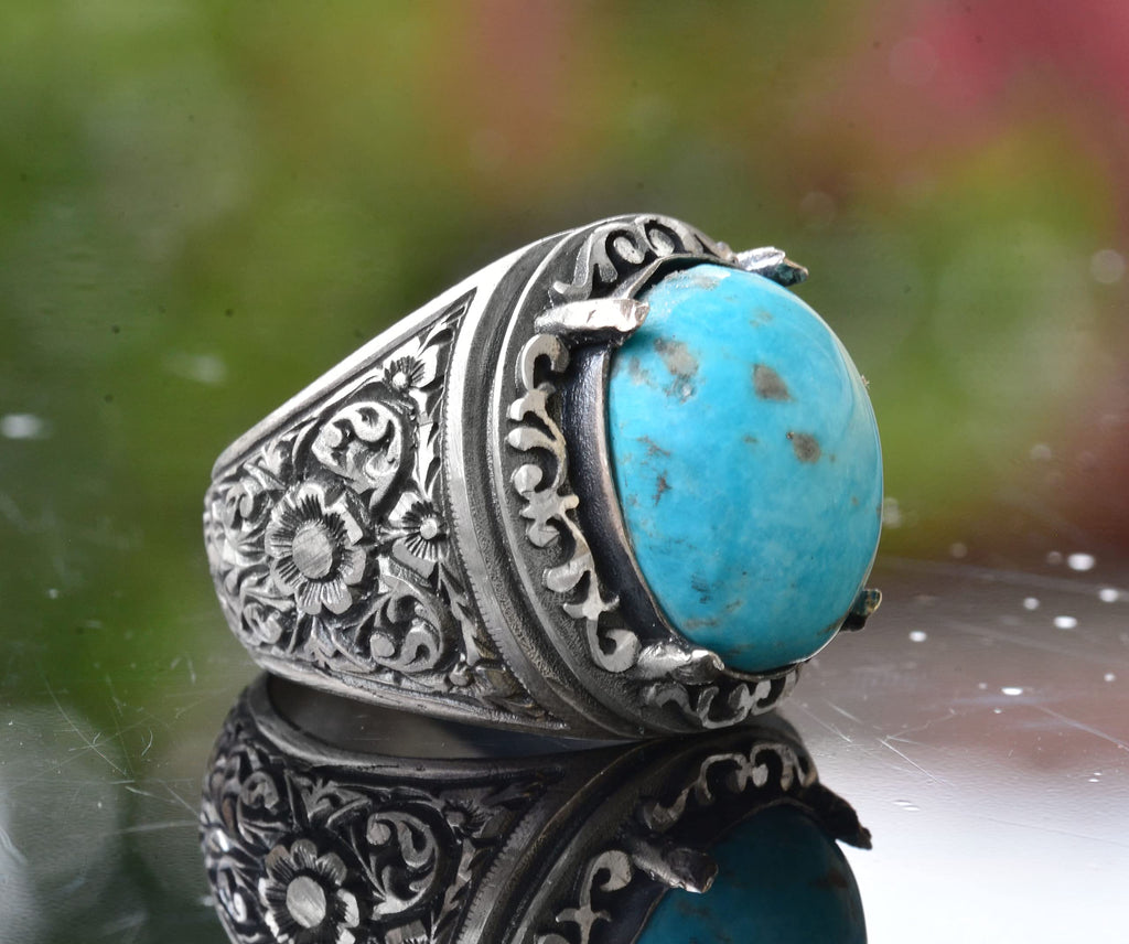KAMBO Handmade Men's Ring with Natural Turquoise Stone in 925 Sterling Silver, Vintage Style-1 Design, Statement Jewelry
