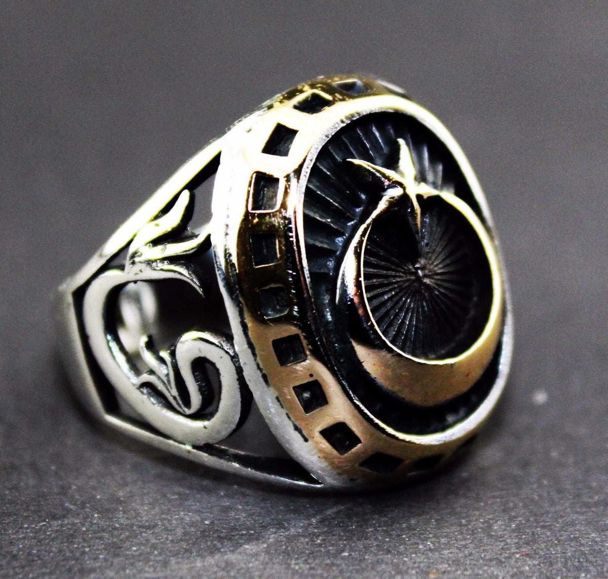 Silver Men's Ring - Moon and Star Design — 2