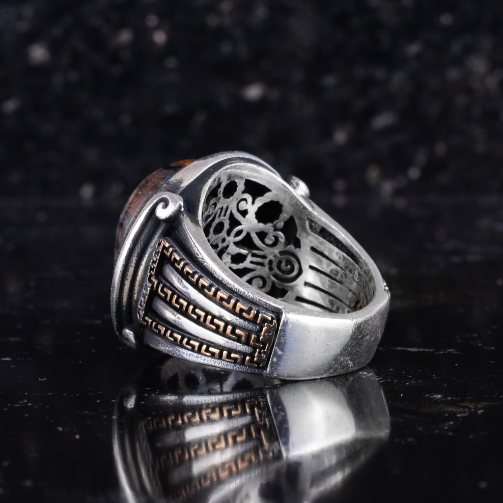 KAMBO Stone Round Men's Ring 925 Sterling Silver – Cabochon Handmade Vintage Greek Pattern Statement Ring (Pietersite) — 7