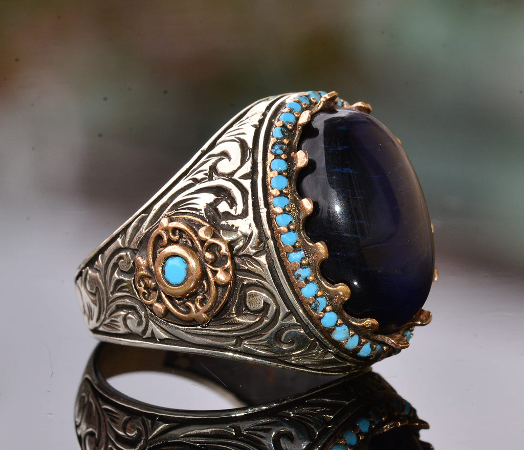 King Ring - Artificial Blue Tiger's Eye Stone, 925 Sterling Silver Unisex Ring — 4