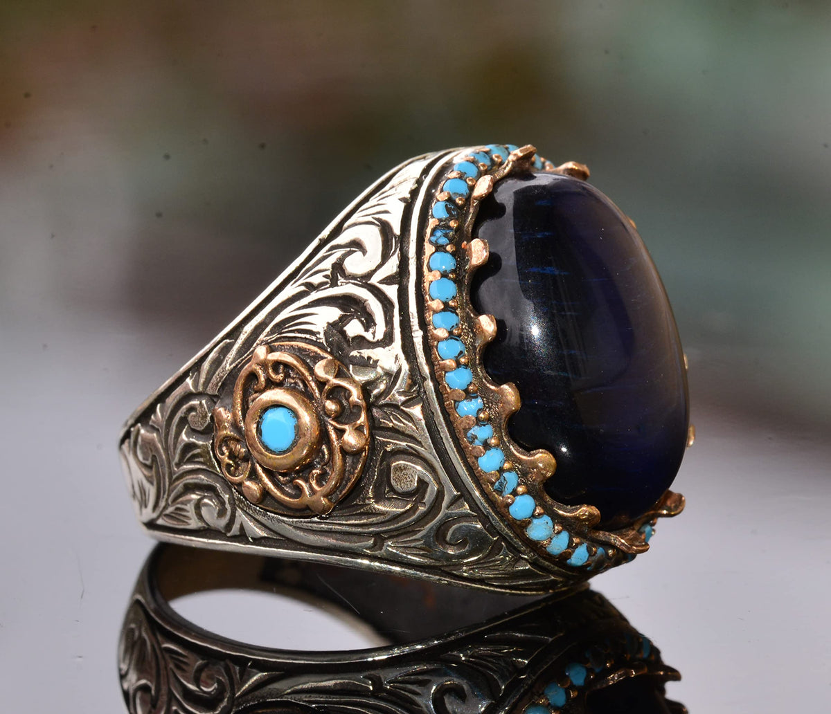 King Ring - Artificial Blue Tiger's Eye Stone, 925 Sterling Silver Unisex Ring — 4