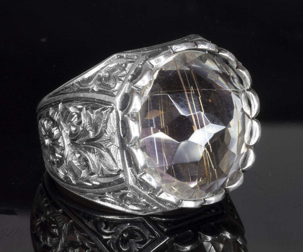 KAMBO Men's 925 Sterling Silver Ring with 28 Carat Golden Rutilated Quartz — 3