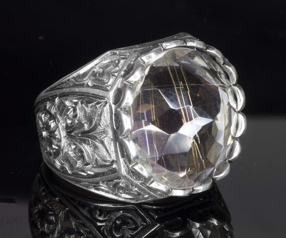 KAMBO Men's 925 Sterling Silver Ring with 28 Carat Golden Rutilated Quartz — 3