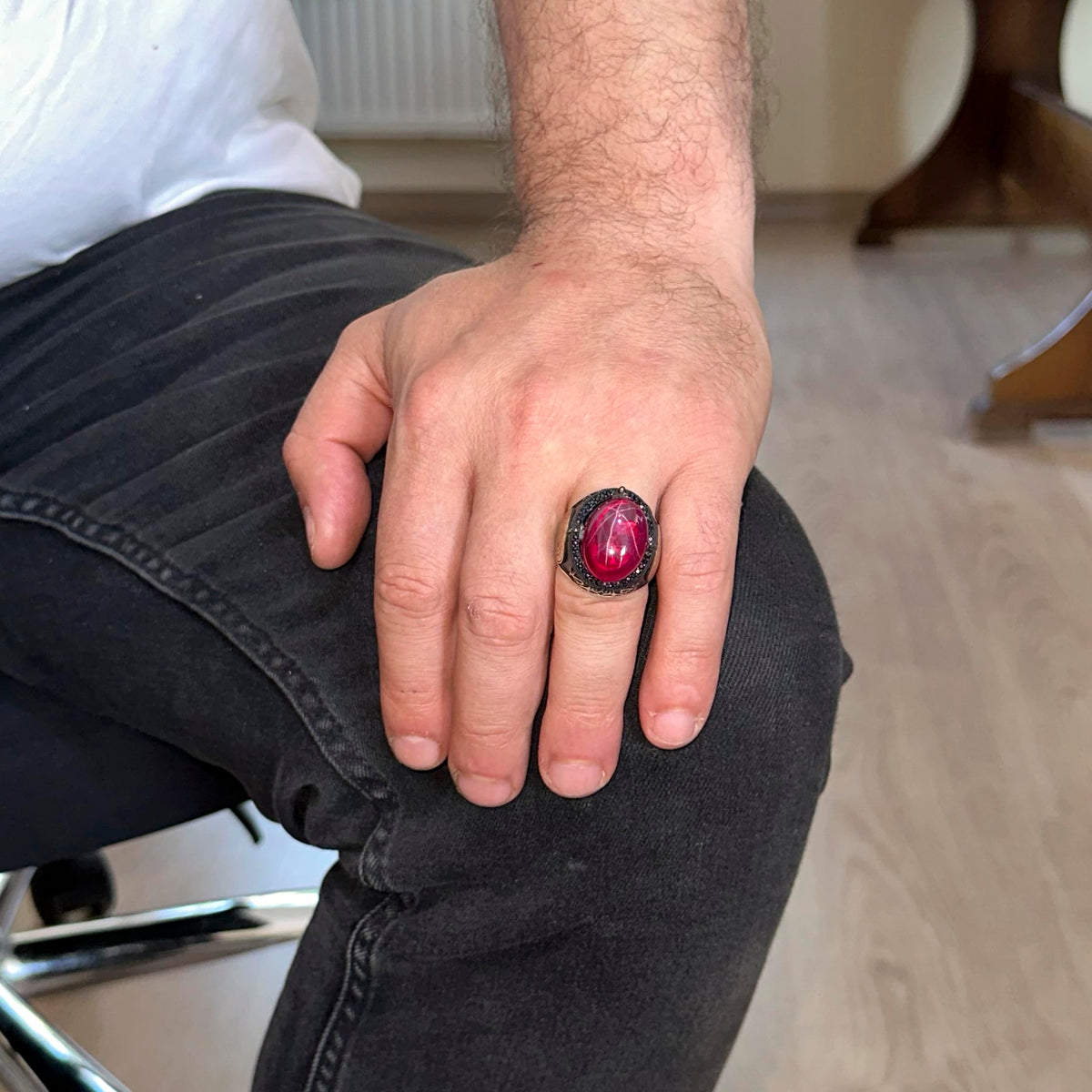 Kambo Natural Star Ruby Gemstone Ring – 925 Solid Silver Men's Ring, Unique Seal of Solomon Ring — 3
