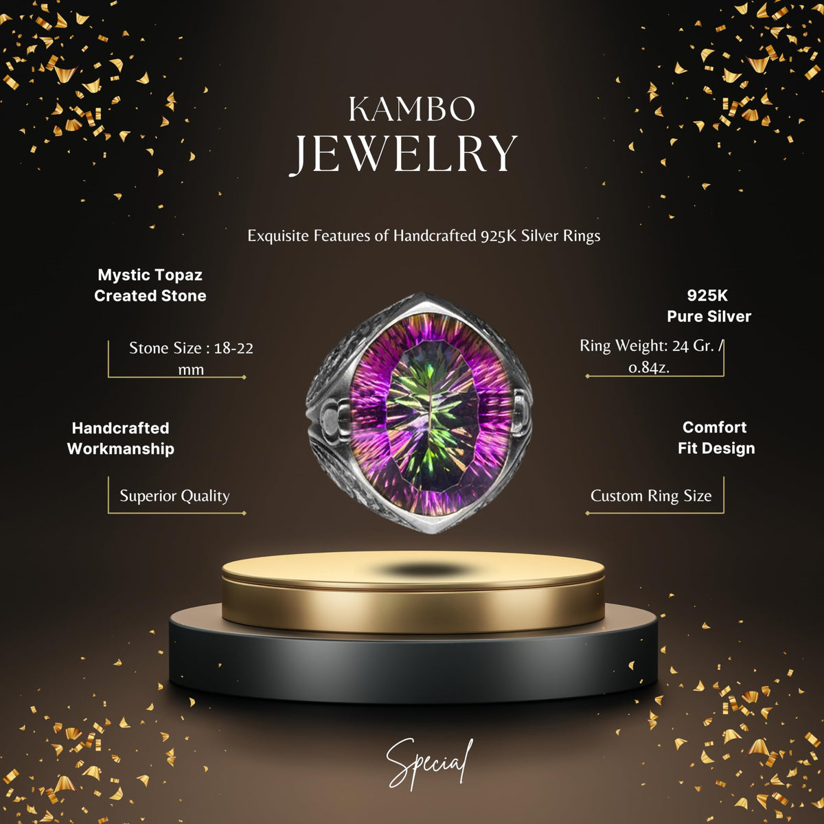 KAMBO Men's 925 Sterling Silver Ring – Synthetic Mystic Topaz Stone, Tulip Motif Design — 6