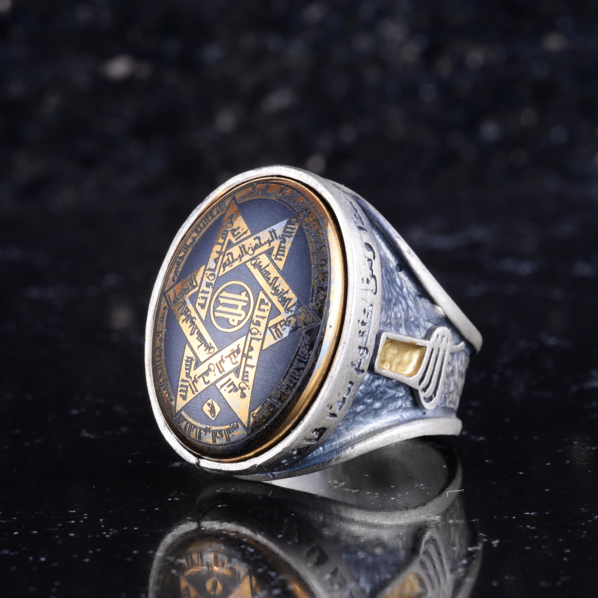 KAMBO Hematite Stone Star of David Men's Ring – 925 Sterling Silver Hamsa Hand Symbol and Arabic Calligraphy Oval Seal Ring – Handmade Spiritual Jewelry — 5