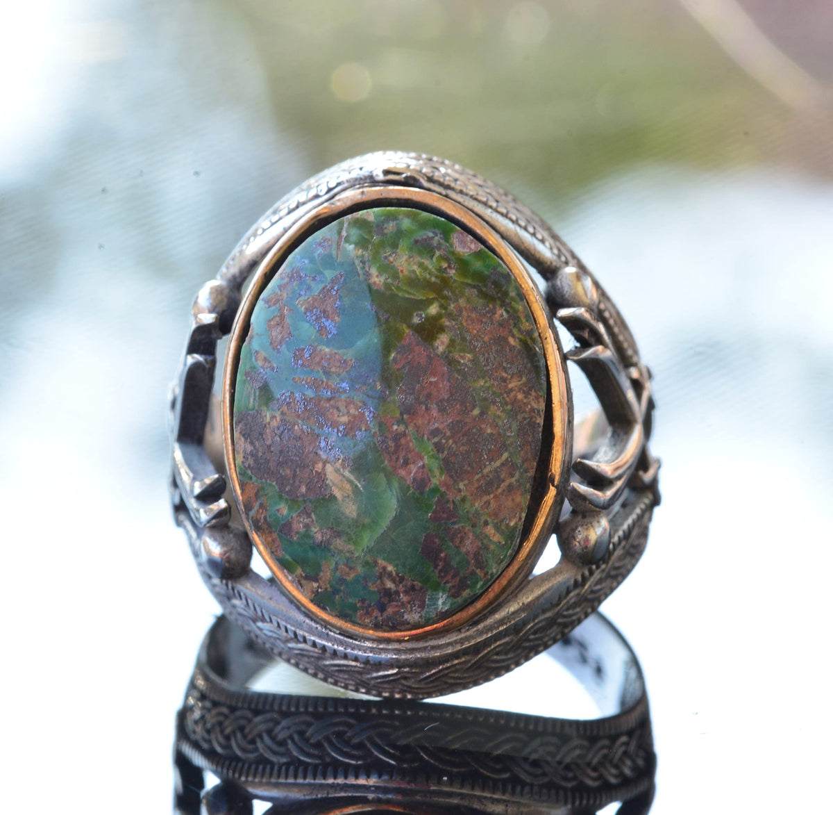 Natural Stone Ring - Silver Men's Handmade Sword Ring (Turquoise) — 5