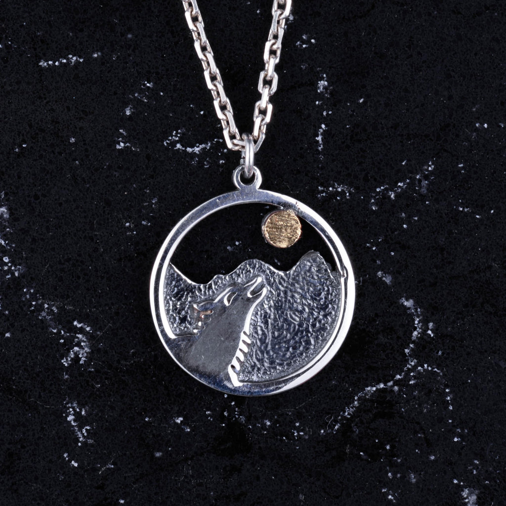 925 Sterling Silver Howling Wolf Necklace, Mountain and Moon Design, Nature-Themed Animal Jewelry — 3