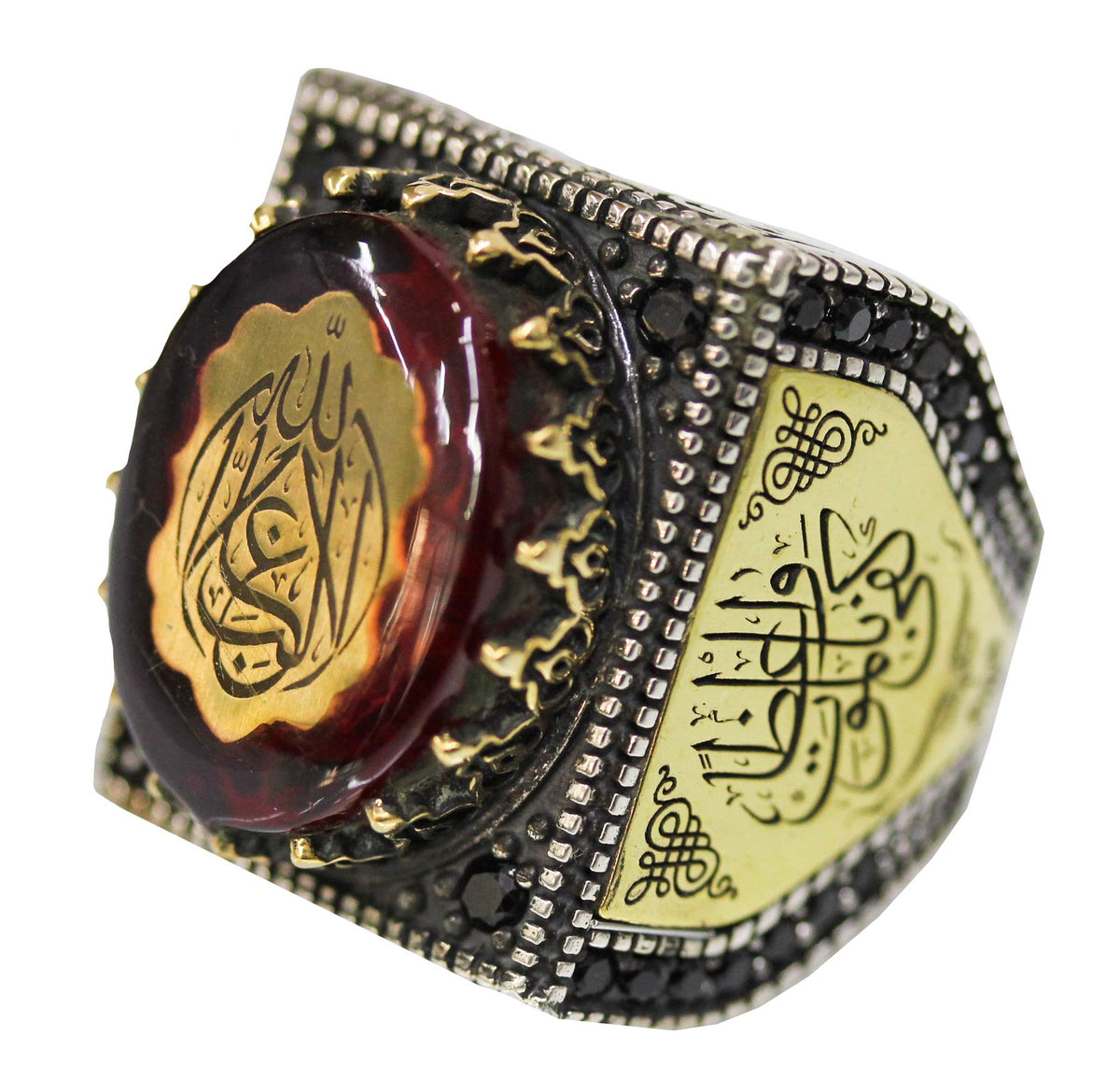 Men's Silver Ring, Mosque Engraved Ring, Amber Stone, Islamic Ring
