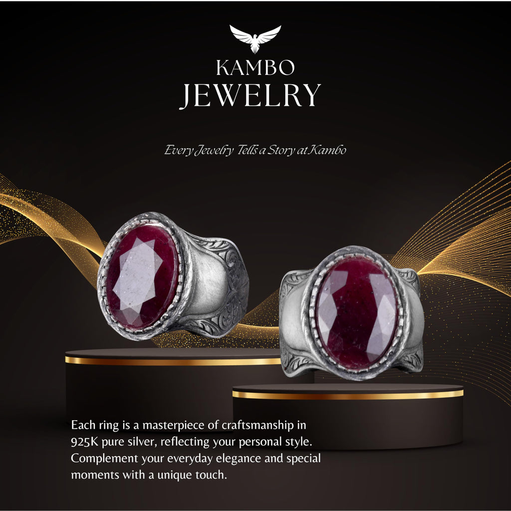 Natural Stone Ring, 925 Sterling Silver Ring, (Ruby) — 7