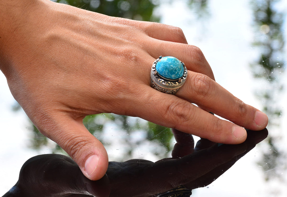 KAMBO Handmade Natural Turquoise Stone Men's Ring in 925 Sterling Silver, Vintage Style-2 Statement Ring, Unique Gift fo