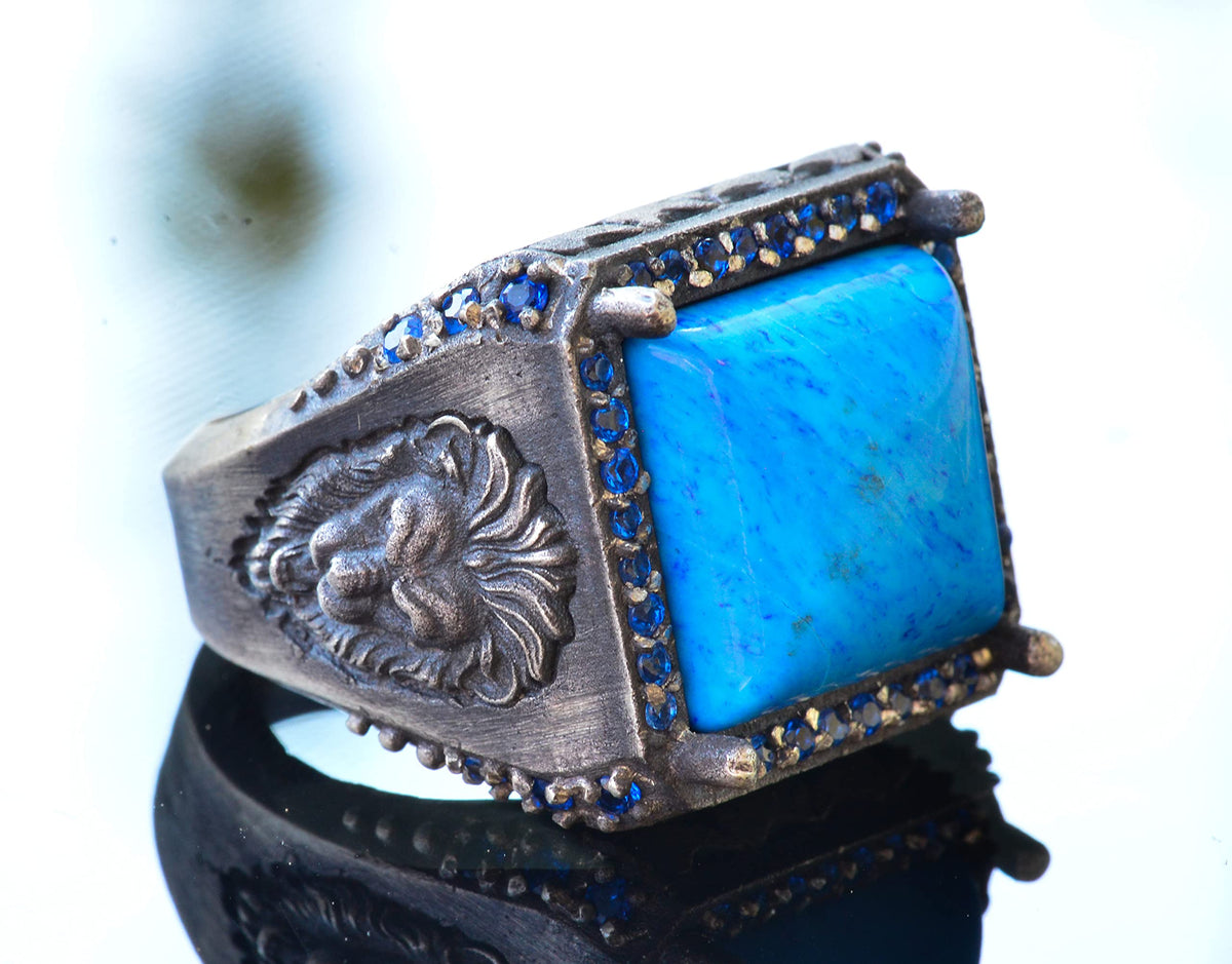 KAMBO Handmade 925 Sterling Silver Lion Ring for Men with Created Turquoise Stone, Vintage Animal Motif Statement Jewelr
