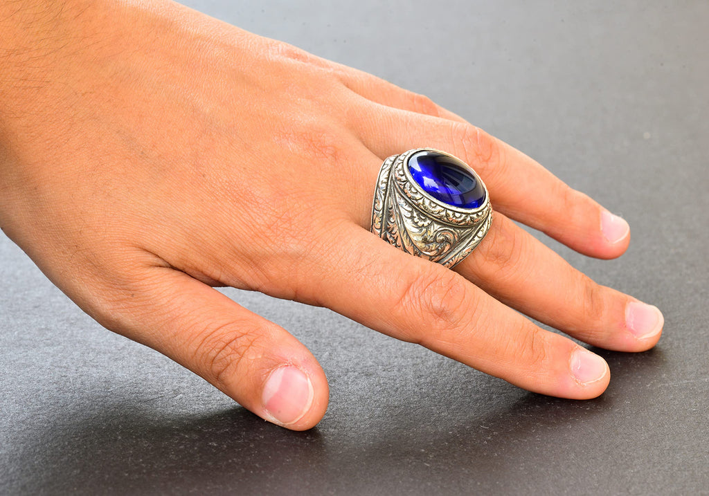 KAMBO 925 Sterling Silver Men's Ring - Synthetic Cat's Eye Blue Star Stone — 7