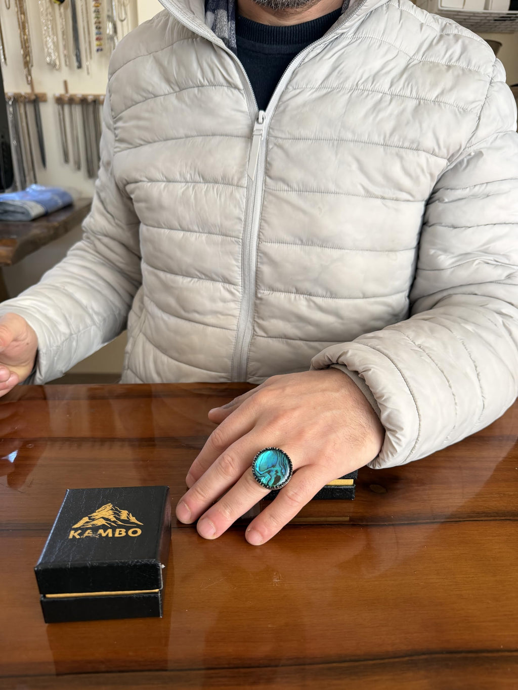 KAMBO Natural Stone Round Large Men's Ring – 925 Sterling Silver Handmade Ring – Statement Ring – Vintage Ottoman Style Men's Jewelry (Paua Shell Pearl) — 3