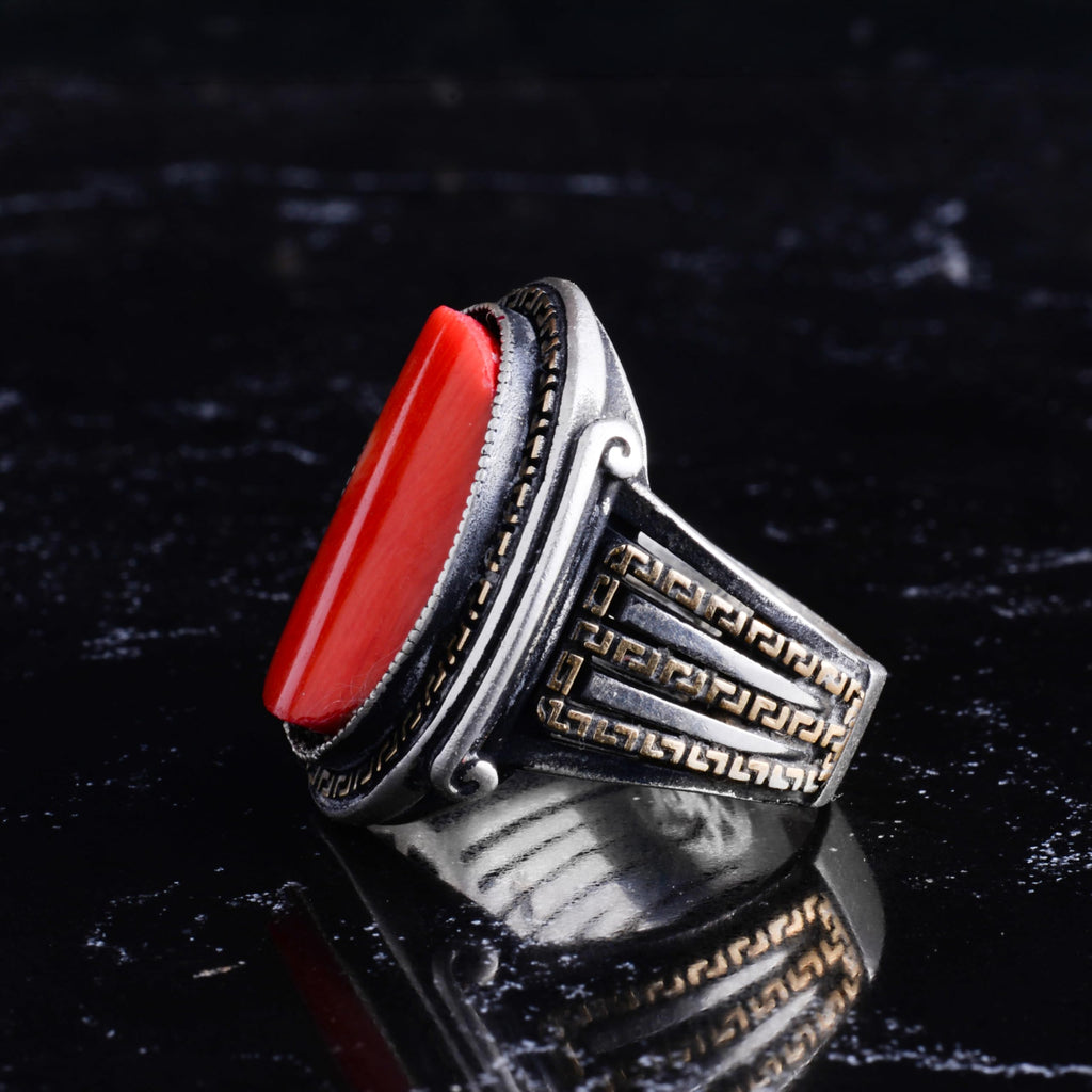 KAMBO Natural Red Coral Stone Men's Ring - 925 Sterling Silver Ring - Oval Coral Stone Ring - Greek Key Pattern Ring - Handmade Statement Jewelry — 5