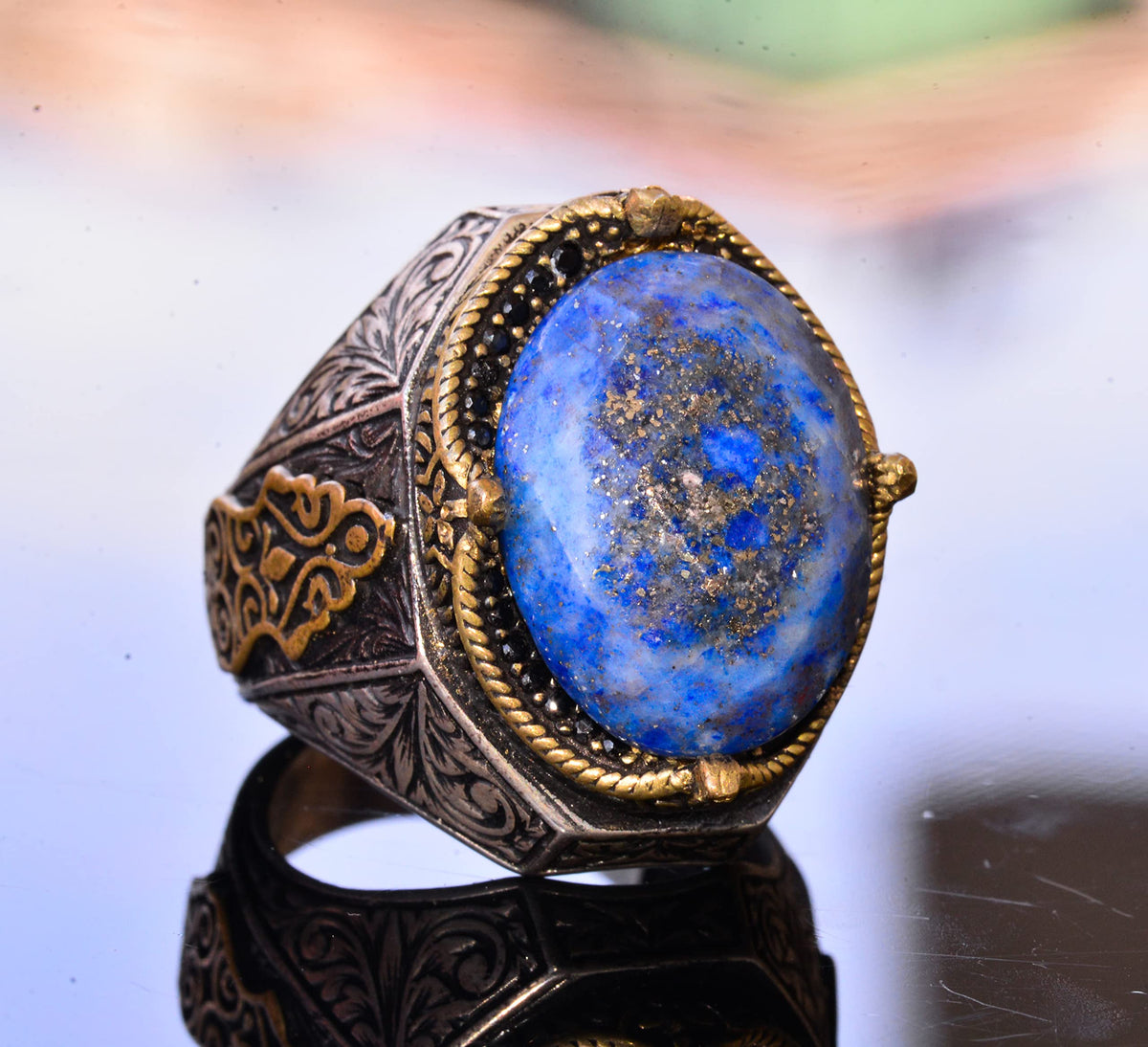 Handmade Vintage Design Emerald Ring - 925 Sterling Silver Men's Ring with Gold Accents (Sodalite) — 3
