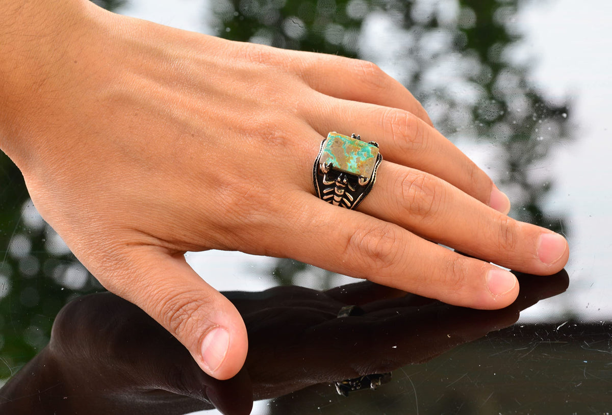 KAMBO Natural Turquoise Stone Men's Ring, Handmade Scorpion Design, 925 Sterling Silver Ring (Style-2) — 6