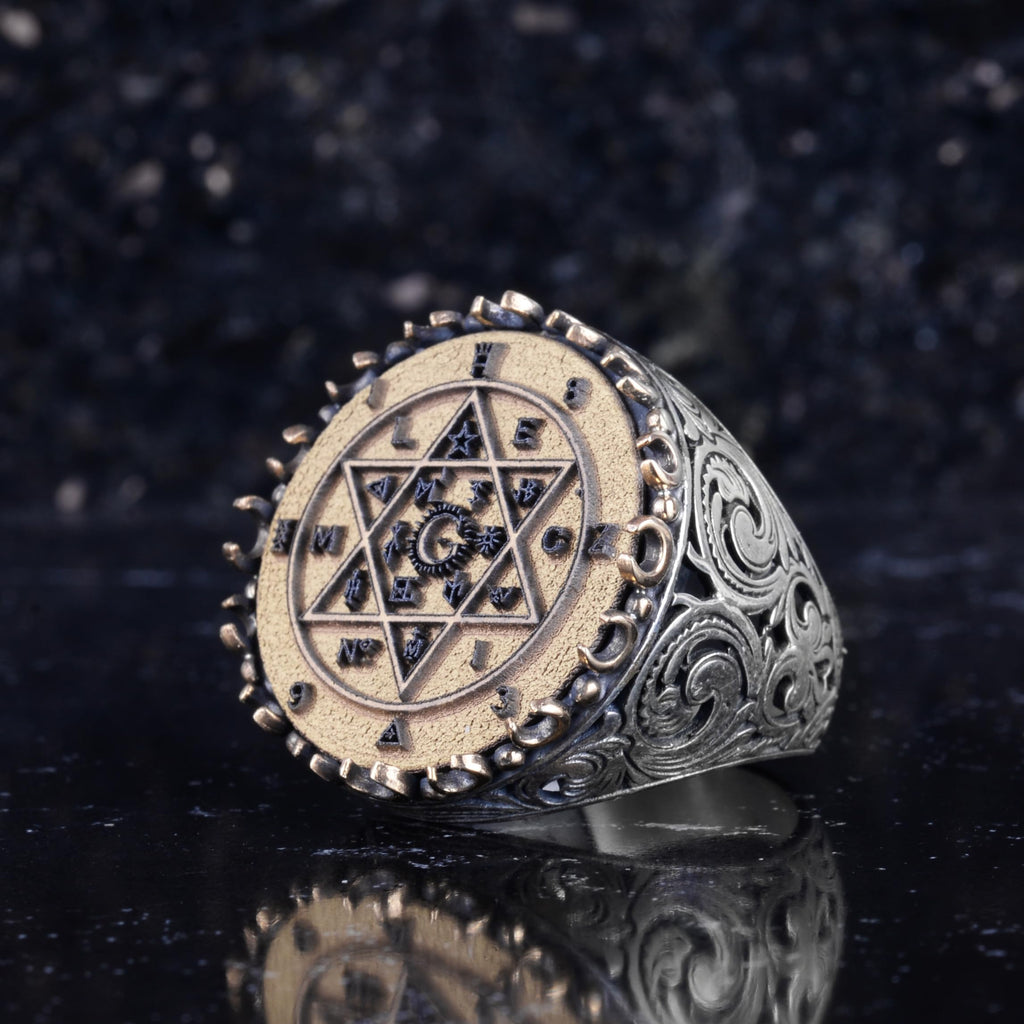 KAMBO Large Men's Ring – 925 Sterling Silver Handmade Ring – Round Ottoman Style Amulet Statement Ring – Vintage Artisan Men's Jewelry (Seal of Solomon) — 5