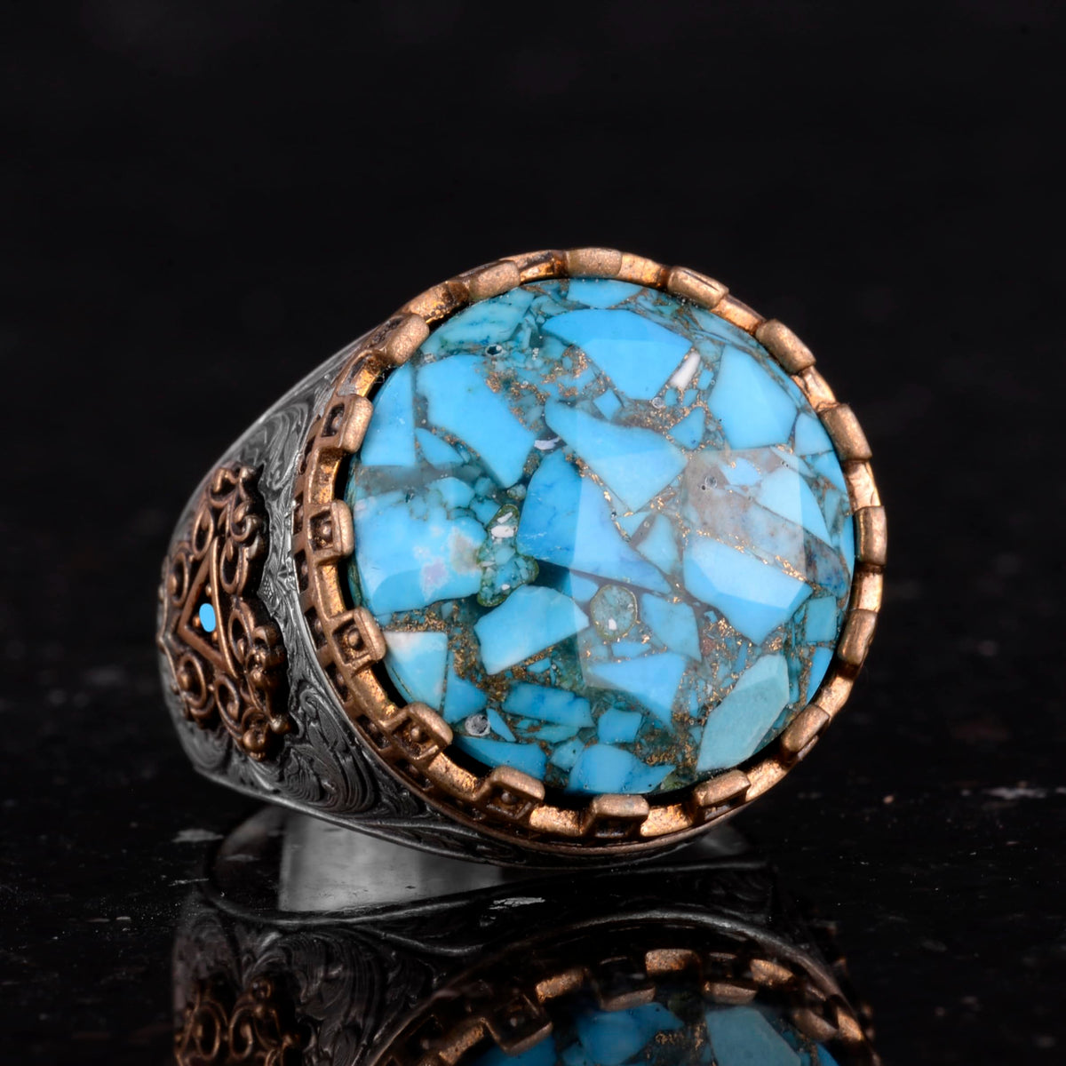 Silver Men's Ring with Natural Turquoise Stone - Vintage Design — 5