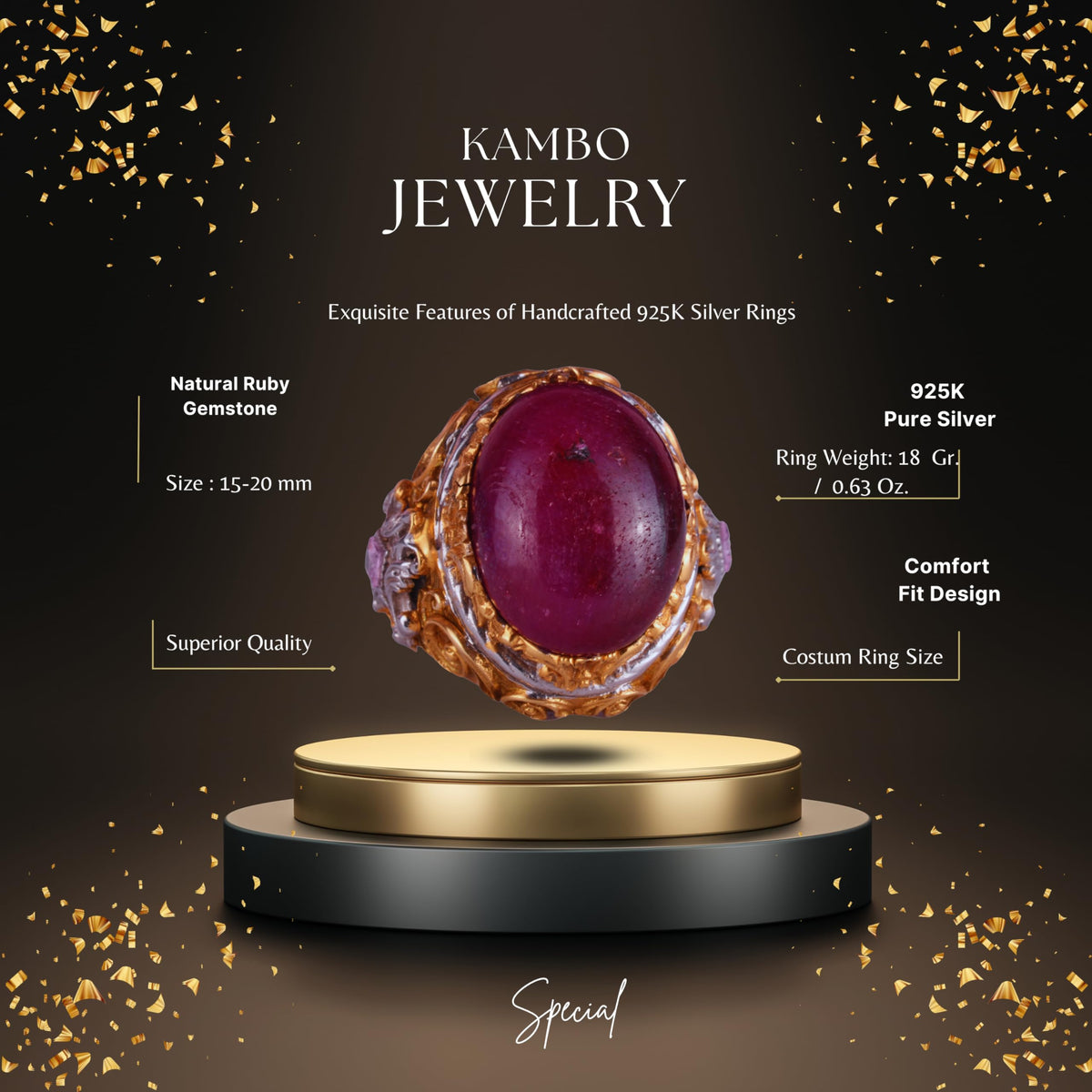Natural Ruby Stone Sultan Ring - 925 Sterling Silver — 2