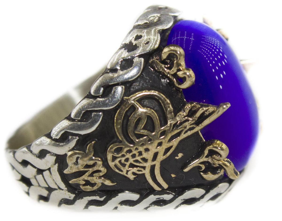 925 Sterling Silver Men's Ring - Ottoman Tugra Design, Blue Tiger Eye Stone — 3