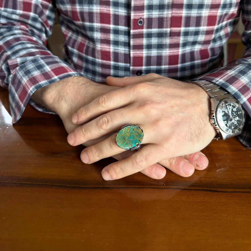 KAMBO Natural Turquoise Stone Large Ring Men's 925 Sterling Silver Handmade Vintage Pattern Statement Ring — 3