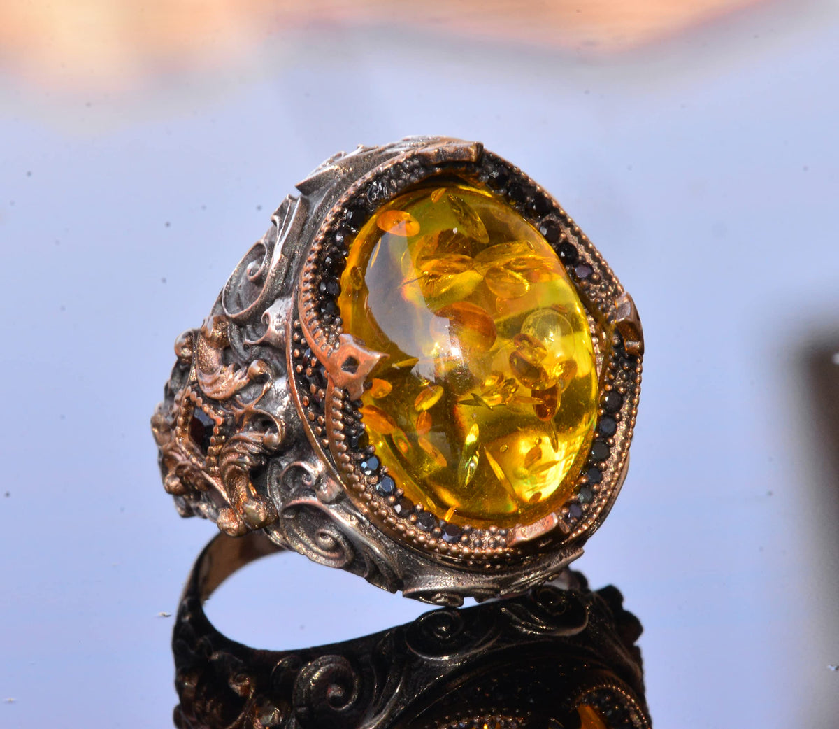 Handmade Non-Natural Stone Ring - 925 Sterling Silver Men's Jewelry (Honey Amber) — 4