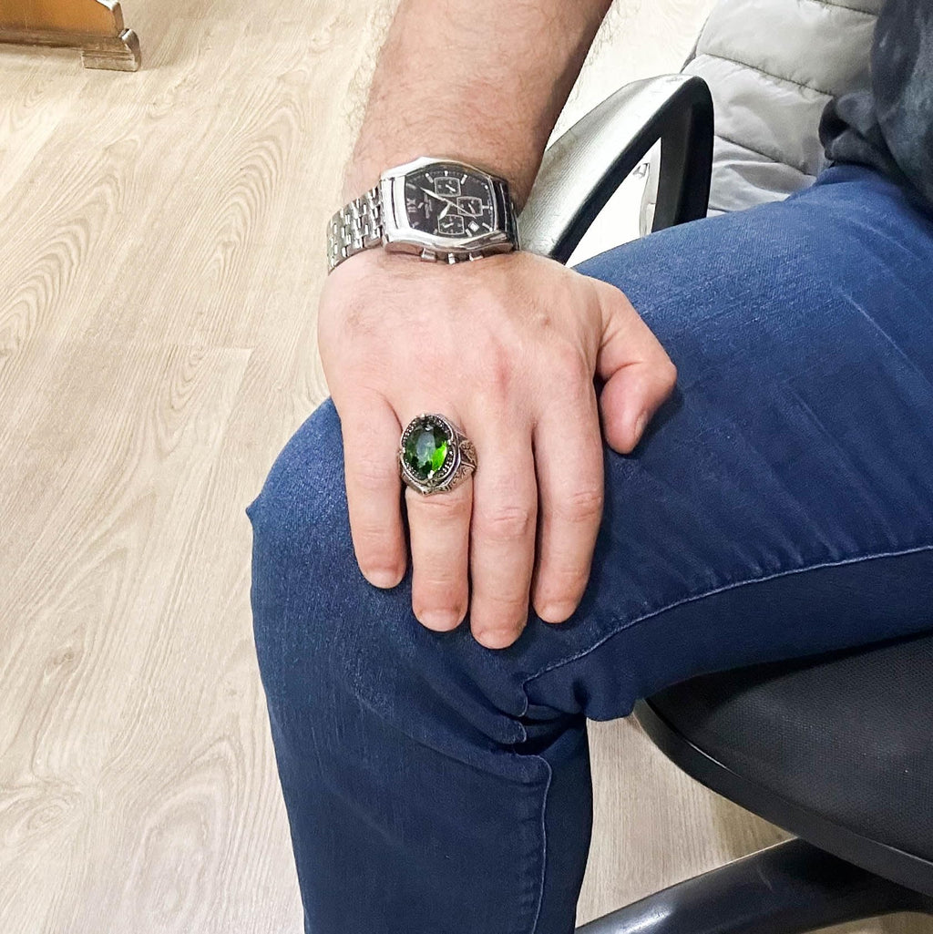 Green Synthetic Stone Ring, 925 Sterling Silver Design Ring, Silver Men's Ring — 3