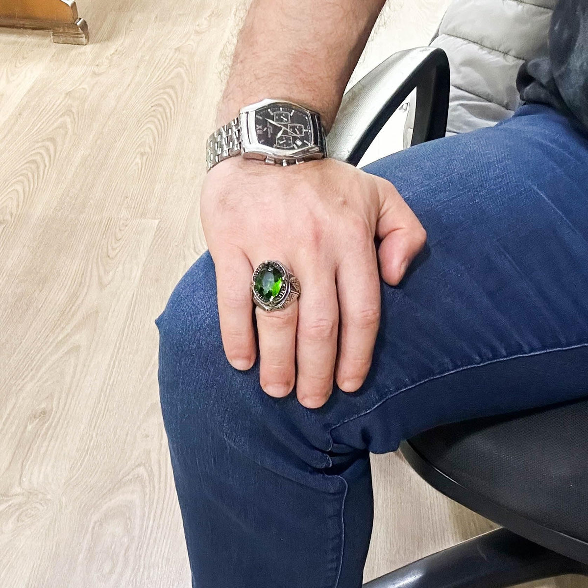 Green Synthetic Stone Ring, 925 Sterling Silver Design Ring, Silver Men's Ring — 3