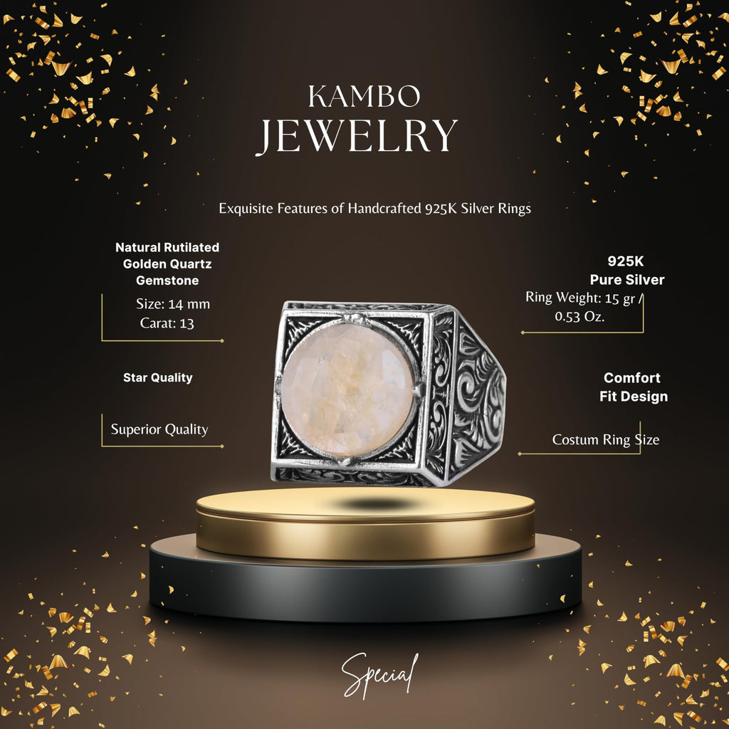 KAMBO Natural Round Stone Square Men's Ring 925 Sterling Silver – Ottoman Pattern Handmade Stone Ring (Rutilated Golden Quartz) — 2