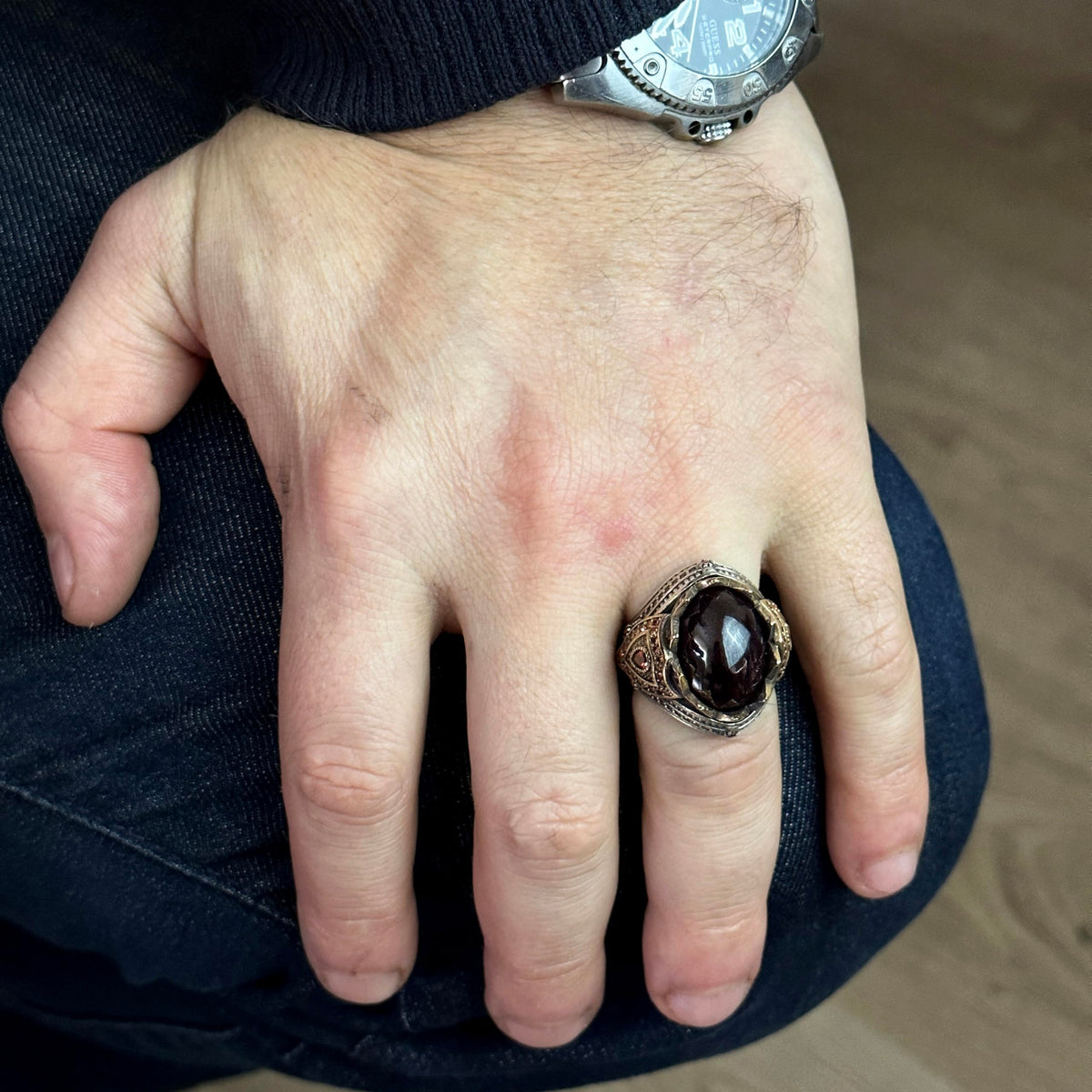 Natural Garnet Stone, 925 Sterling Silver Men's Ring — 3
