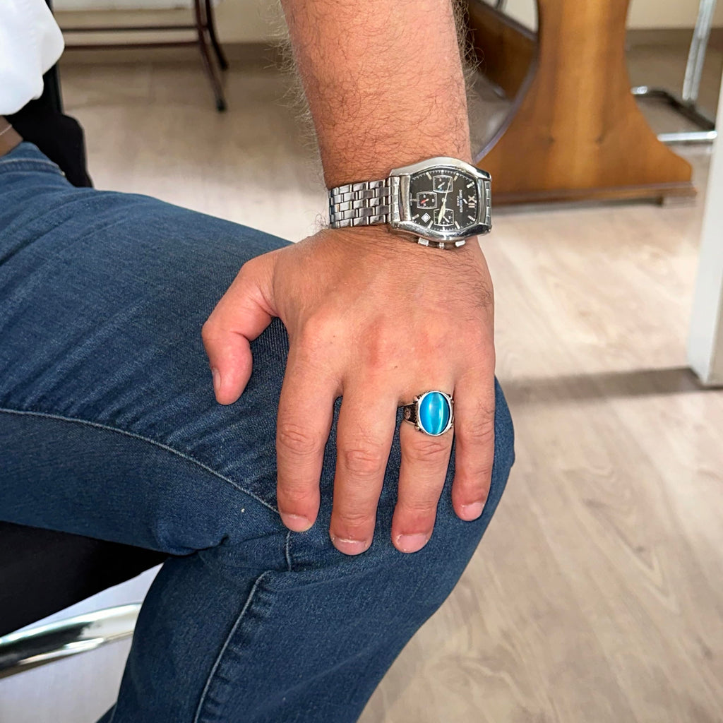 925 Sterling Silver Ring For Men, Created Cat's Eye Stone Ring, Handmade Unique Ring (Created Blue Cats Eye)