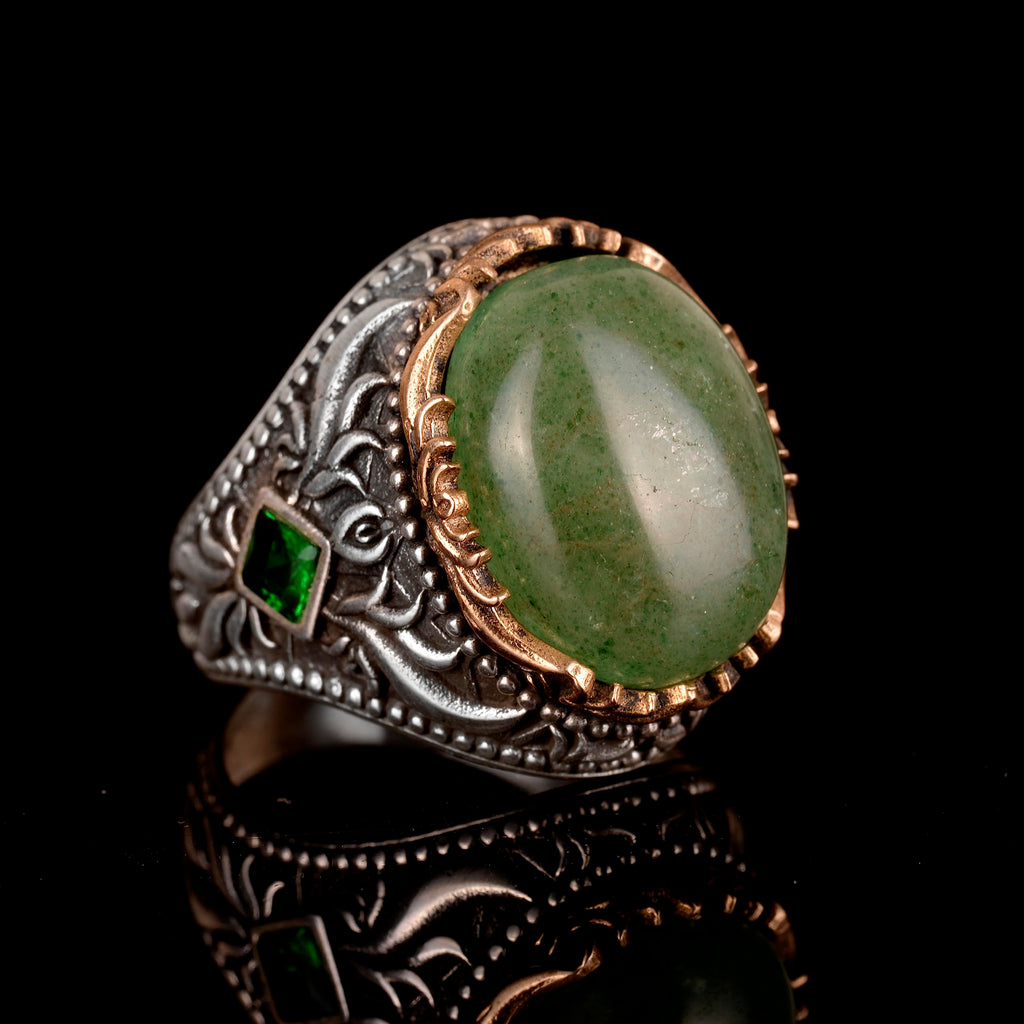 Emerald Natural Cabochon Stone Ring, Handmade Men's Ring, Silver Men's Ring — 6
