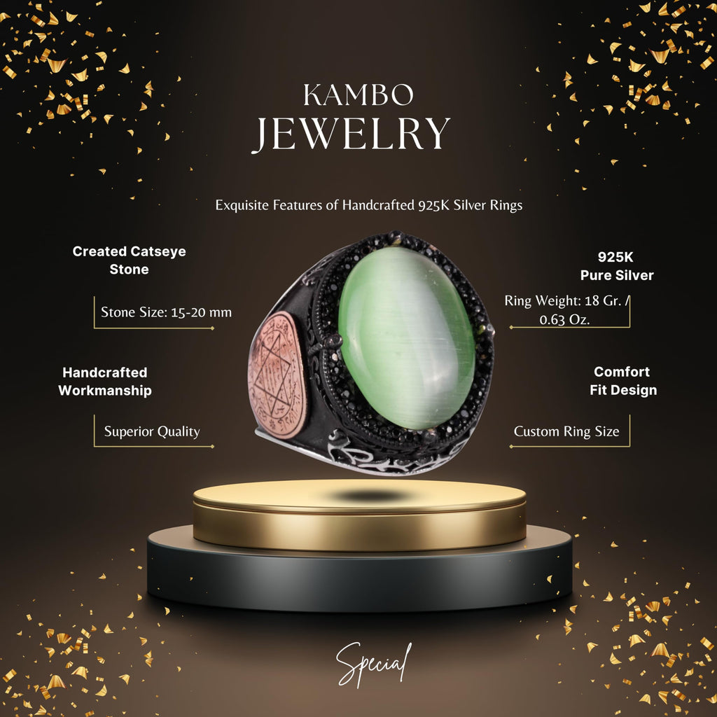 KAMBO Star of David Ring, Creation Stone Ring, 925 Sterling Silver Solomon Ring (Light Green Cat's Eye Creation Stone) — 2