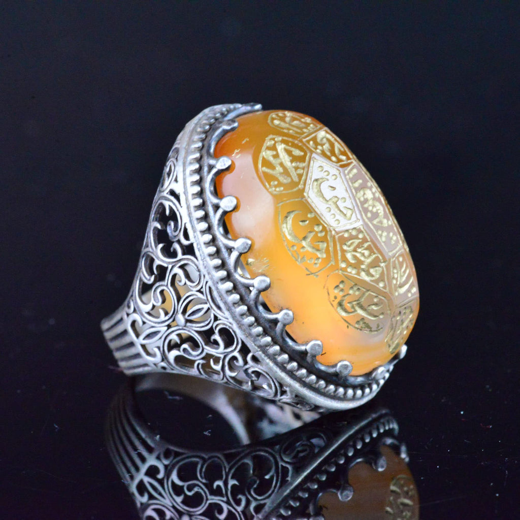 Natural Agate Islamic Calligraphy Ring - 925 Sterling Silver Handmade Men's Ring — 4