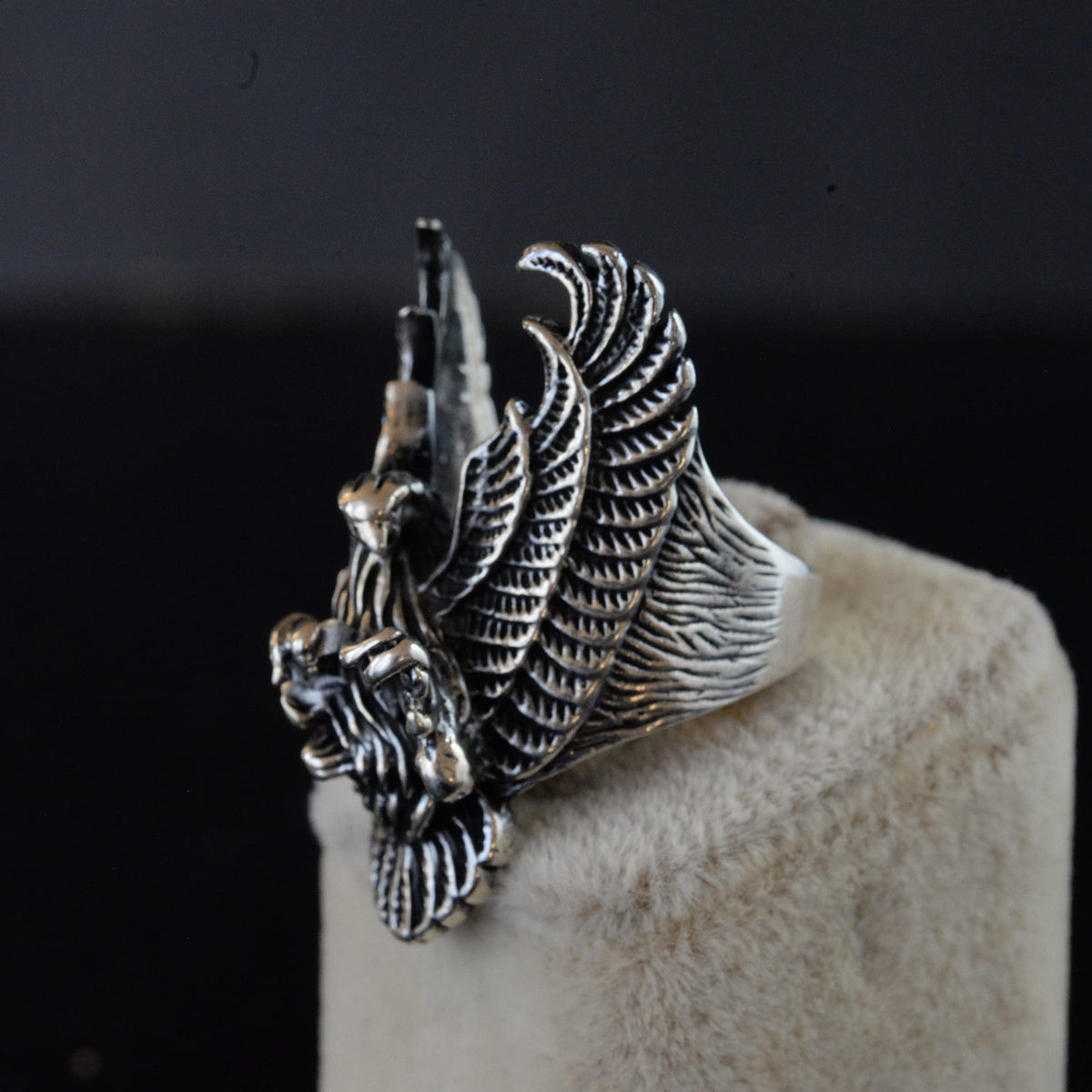 Large and Heavy Silver Biker Ring - Phoenix and Skull Design — 4