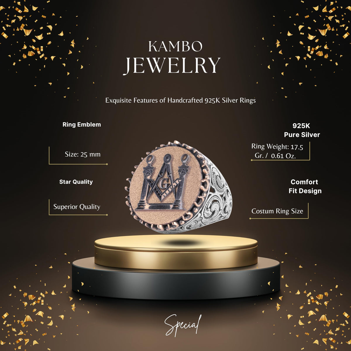 KAMBO Large Men's Ring – 925 Sterling Silver Handmade Ring – Round Ottoman Style Amulet Statement Ring – Vintage Artisan Men's Jewelry (Mason Square and Compass) — 2