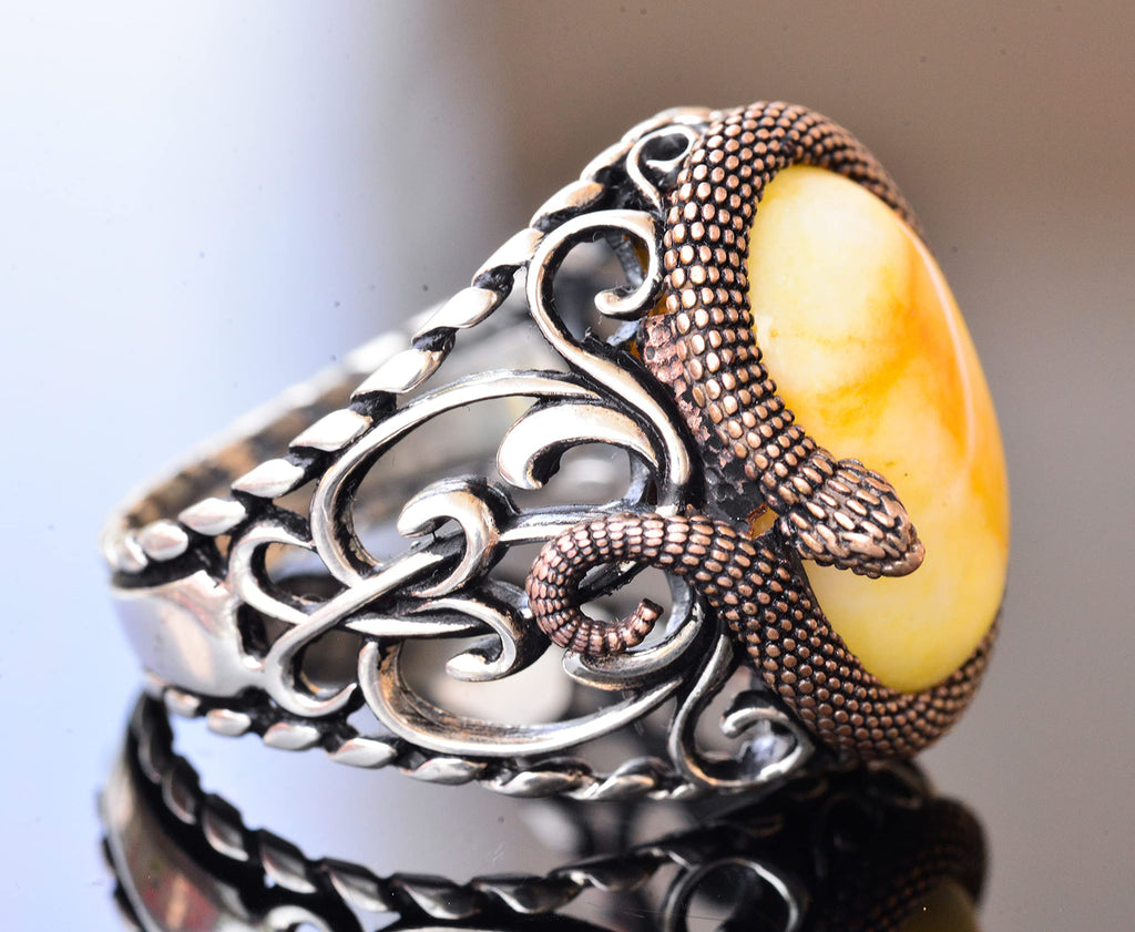 925 Sterling Silver Men's Ring - Handcrafted Elegance with Yellow Wood Stone — 4