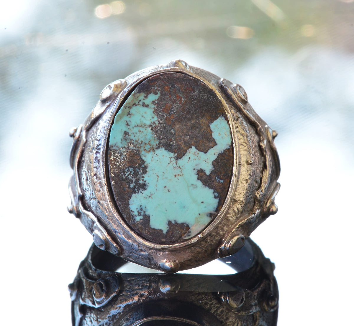 KAMBO Natural Arizona Turquoise Stone Ring, Byzantine Ring, Silver Men's Ring — 5