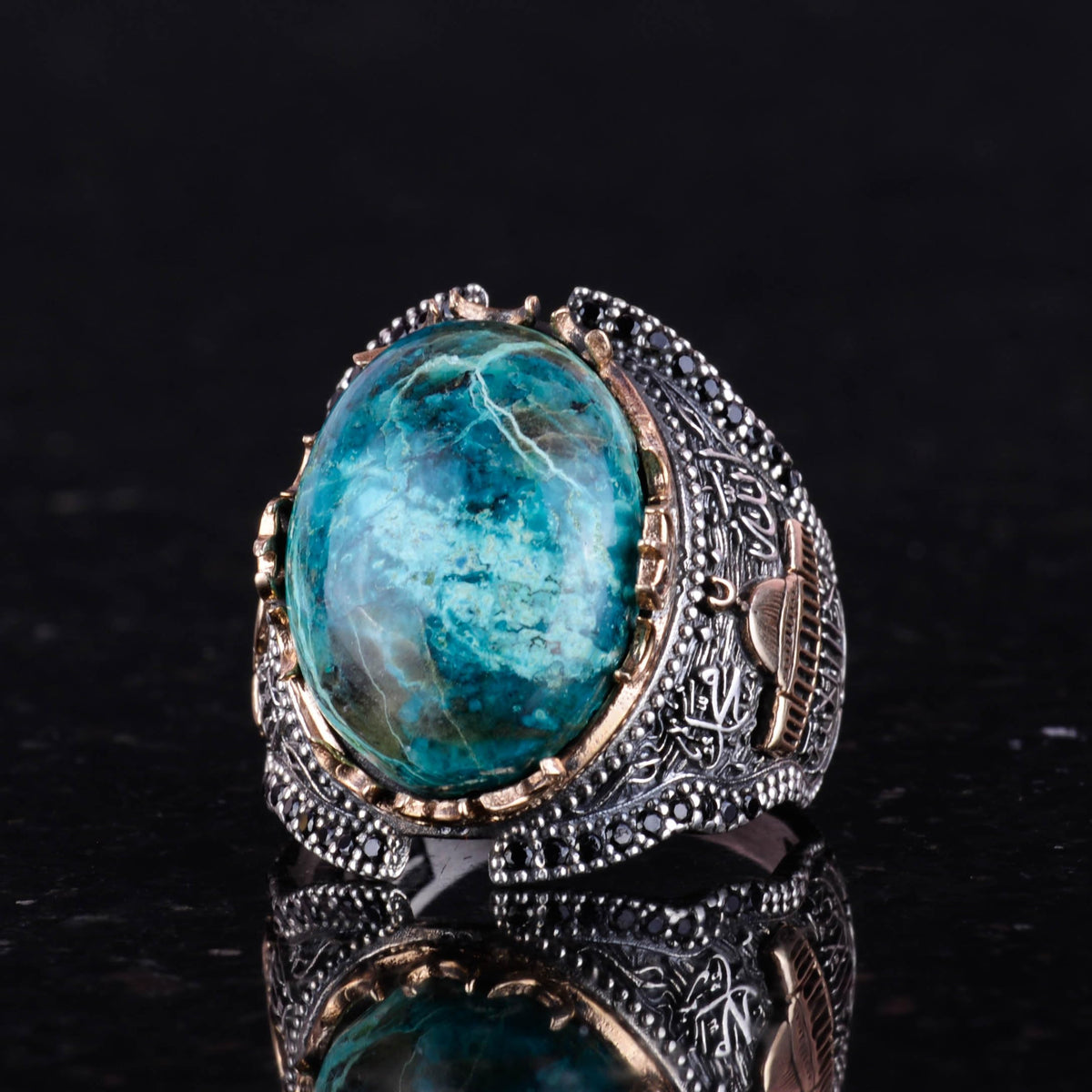 Natural Chrysocolla Stone Ring, 925 Sterling Silver Men's Ring — 4