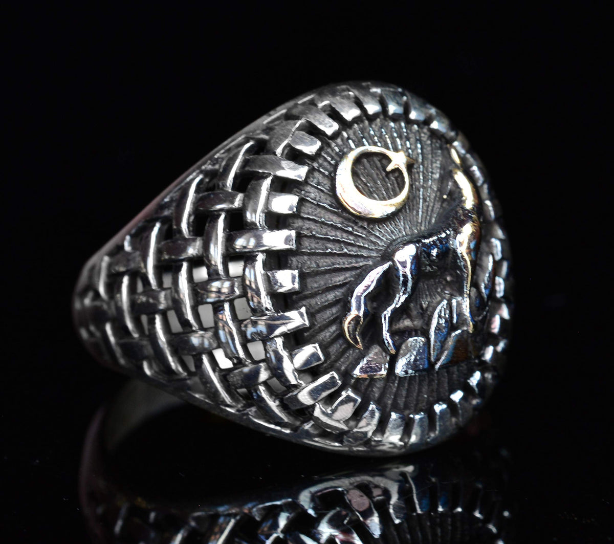 KAMBO Handmade 925 Sterling Silver Men's Wolf Design Ring, Vintage Howling Wolf Wildlife Motif Statement Ring, Cocktail 