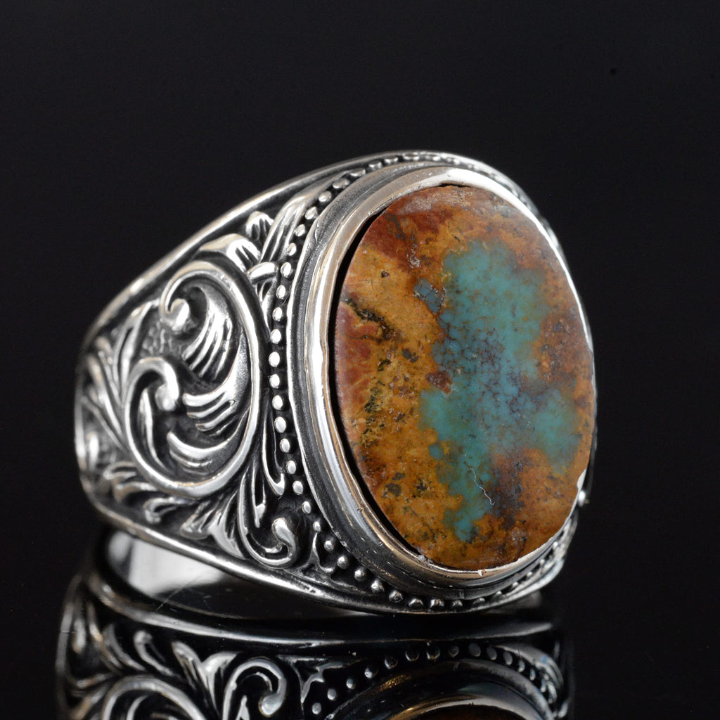 Natural Arizona Green Turquoise Stone Ring, Vintage Design - 925 Sterling Silver Men's Ring, Handmade — 5