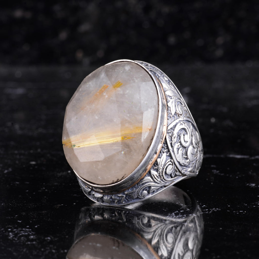 KAMBO Natural Gold Rutilated Quartz Stone Large Men's Ring - Directional Oval Stone Vintage Floral Engraved Statement Ring - 925 Sterling Silver Handmade Men's Jewelry — 4