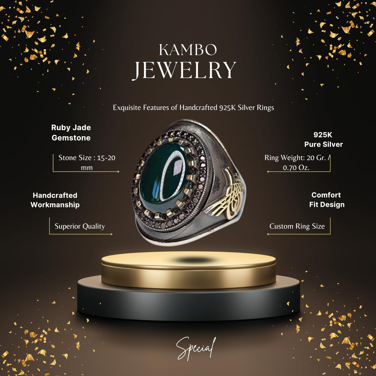 KAMBO Men's Silver Ring - With Natural Jade Gemstone and Ottoman Tugra Design — 2