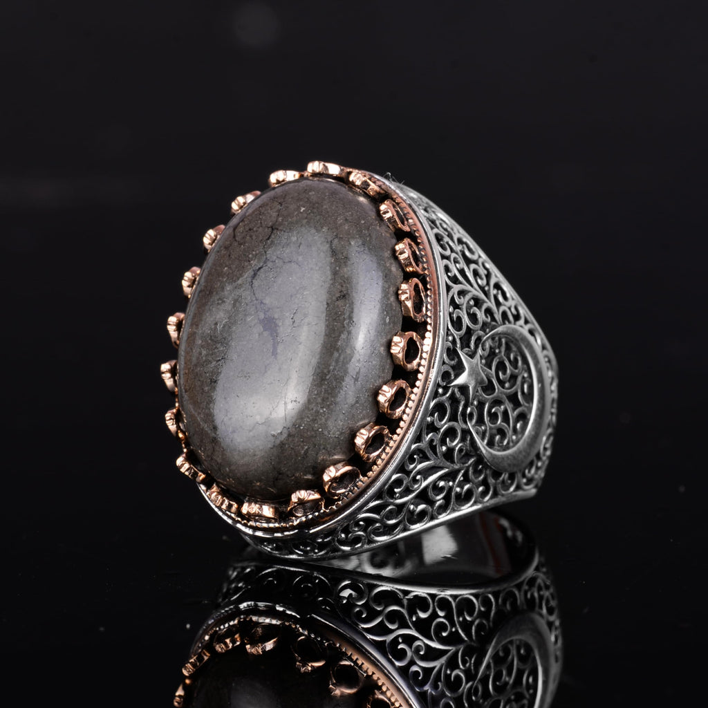 KAMBO 925 Sterling Silver Men's Natural Stone Ring - Moon and Star Design - Handmade Vintage Jewelry (Pyrite) — 6