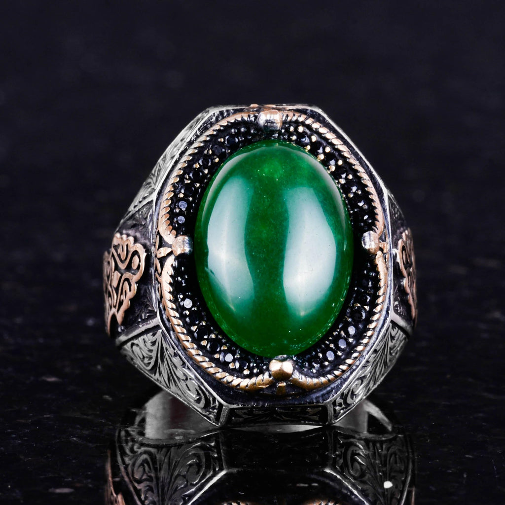 925 Sterling Silver Solid Men's Ring - Handmade Natural Jade Stone, Harmony and Abundance Design — 4