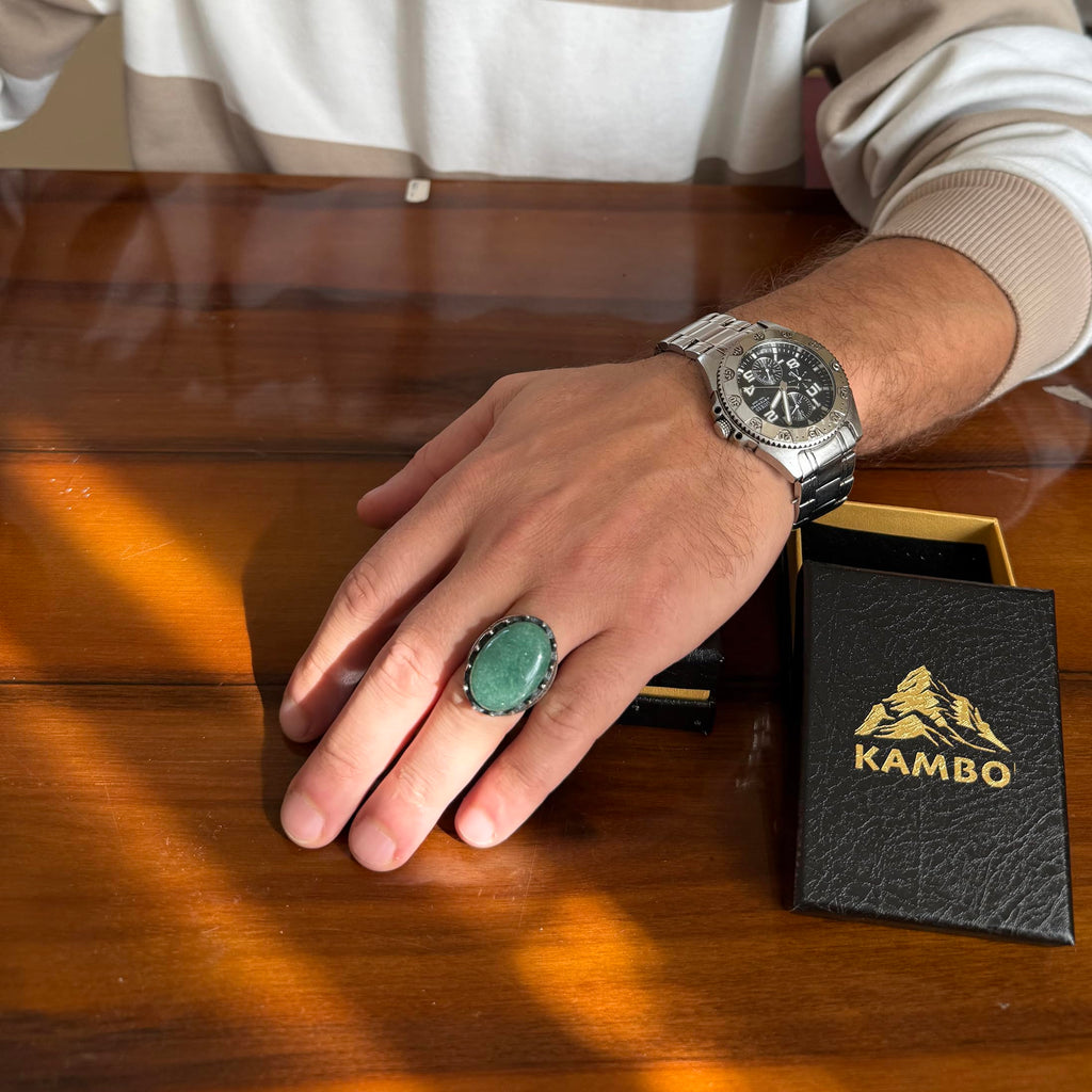 KAMBO Natural Stone Men's Large Ring – 925 Sterling Silver Ottoman Sword Motif Signet Ring (Amazonite) — 3