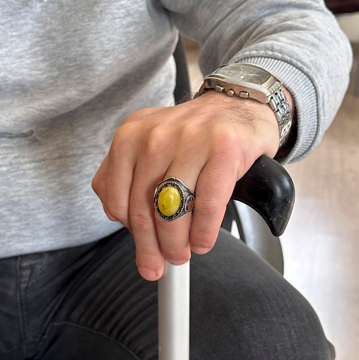 925 Sterling Silver Men's Ring - Yellow Agate Stone — 3