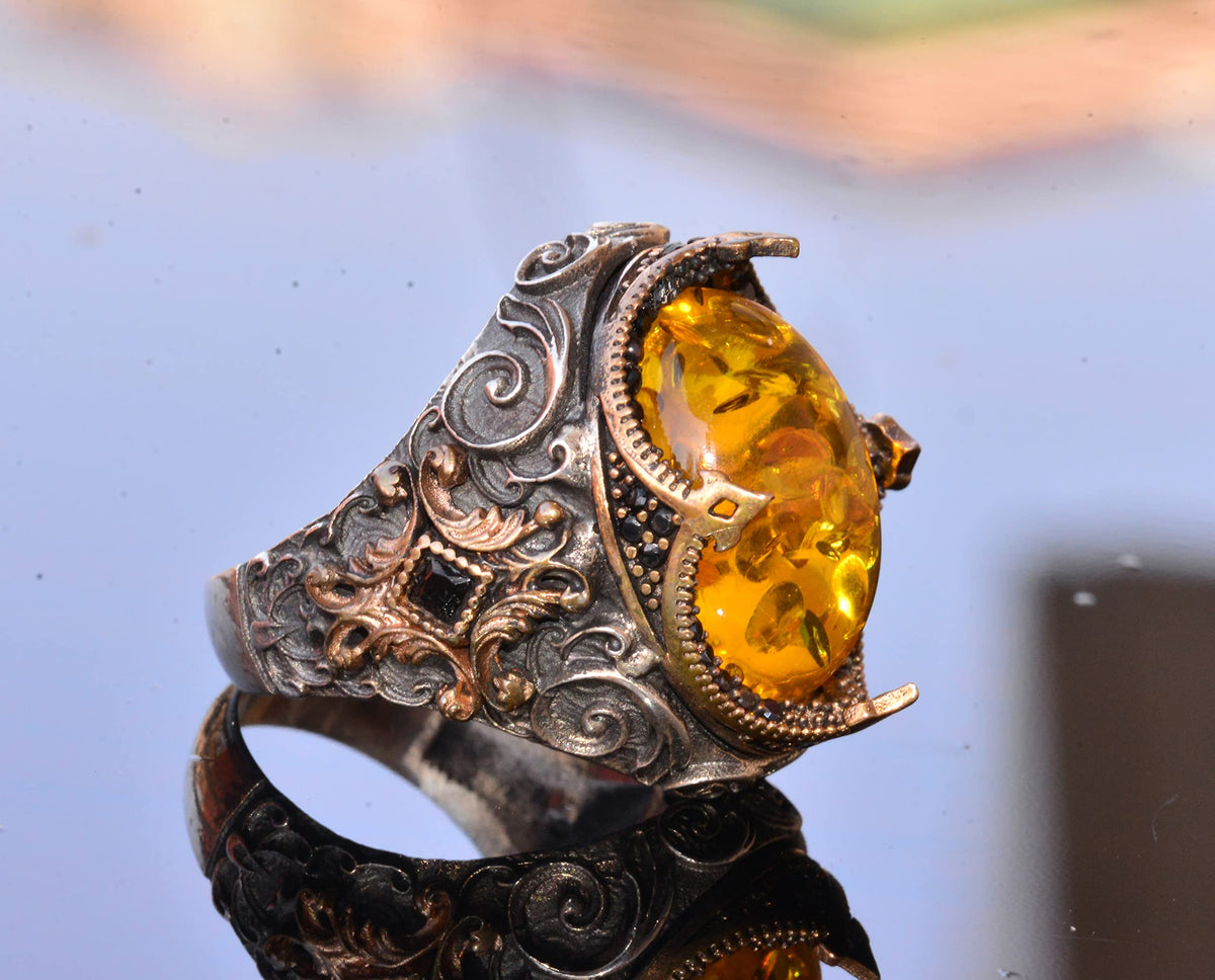 Handmade Non-Natural Stone Ring - 925 Sterling Silver Men's Jewelry (Honey Amber) — 3